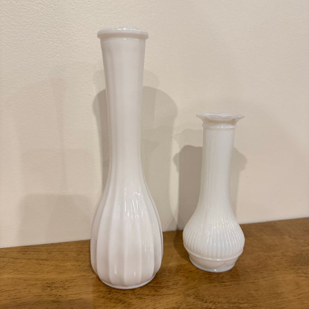 Beautiful Pair Of Two (2) Milk Glass ? Vintage Tall Skinny Vases 6” & 8.5” - BUB